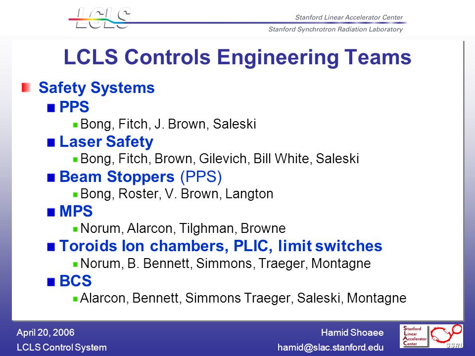 Hamid Shoaee LCLS Control April 20, 2006 LCLS Controls Engineering Teams Safety Systems PPS Bong, Fitch, J.