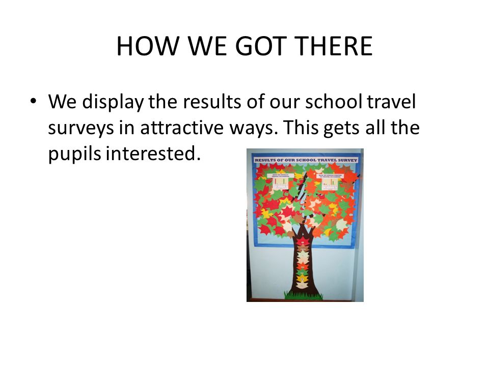 HOW WE GOT THERE We display the results of our school travel surveys in attractive ways.