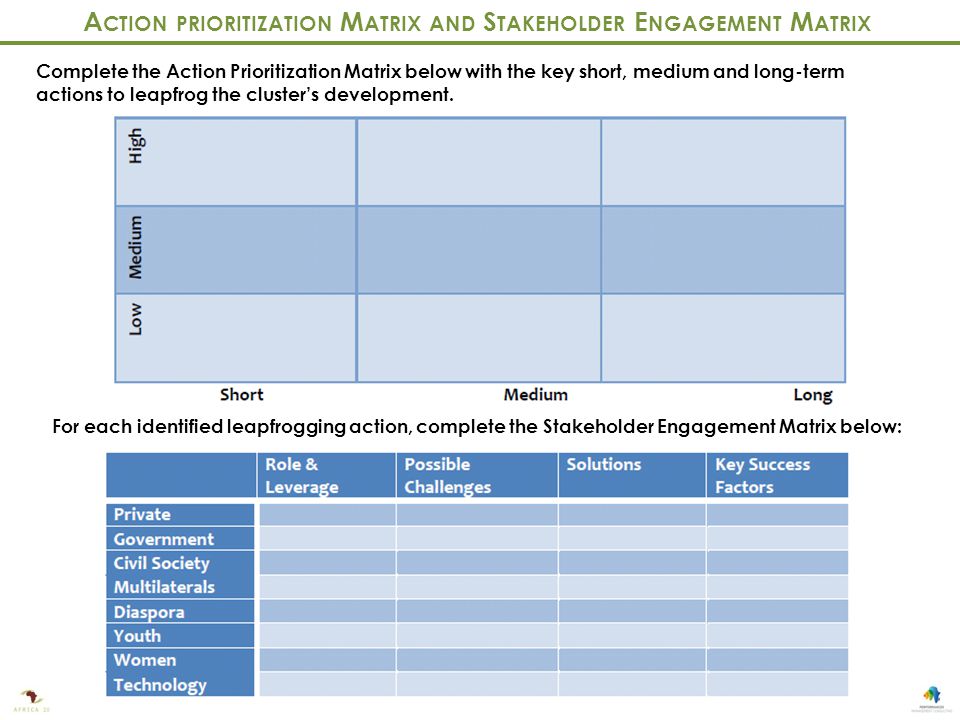 A CTION PRIORITIZATION M ATRIX AND S TAKEHOLDER E NGAGEMENT M ATRIX Complete the Action Prioritization Matrix below with the key short, medium and long-term actions to leapfrog the cluster’s development.