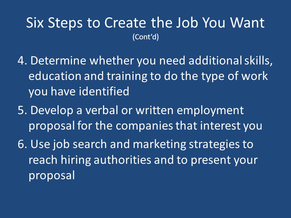 Six Steps to Create the Job You Want (Cont’d) 4.