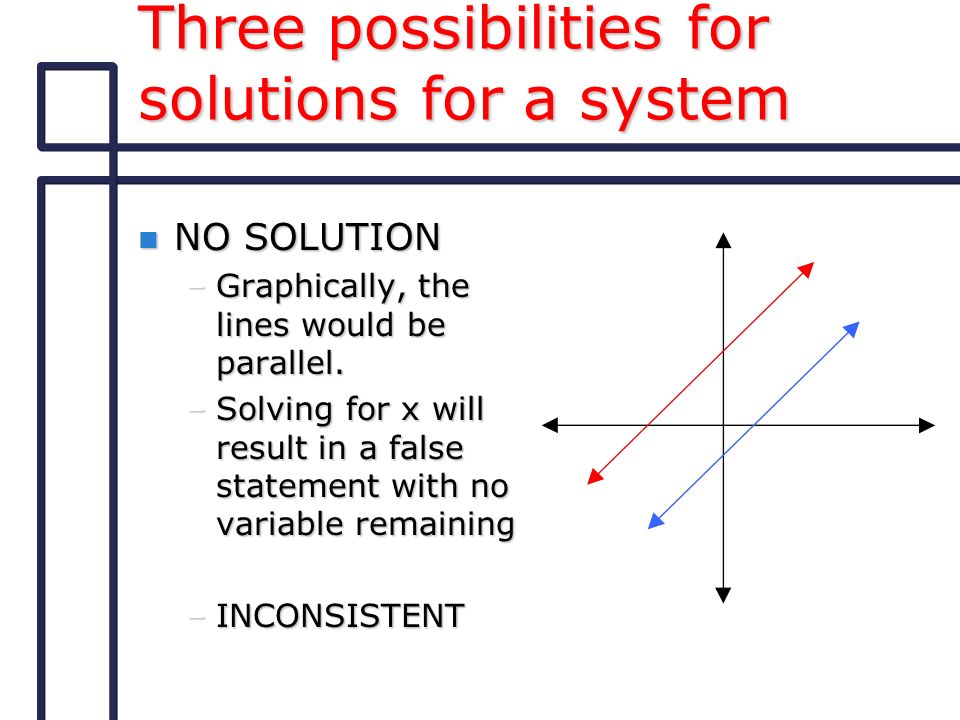 Three possibilities for solutions for a system n NO SOLUTION –Graphically, the lines would be parallel.