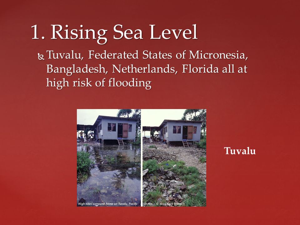  Tuvalu, Federated States of Micronesia, Bangladesh, Netherlands, Florida all at high risk of flooding 1.