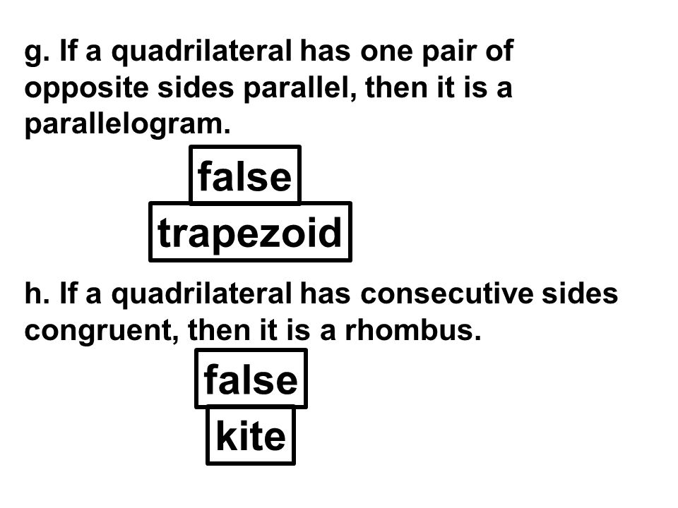 g. If a quadrilateral has one pair of opposite sides parallel, then it is a parallelogram.