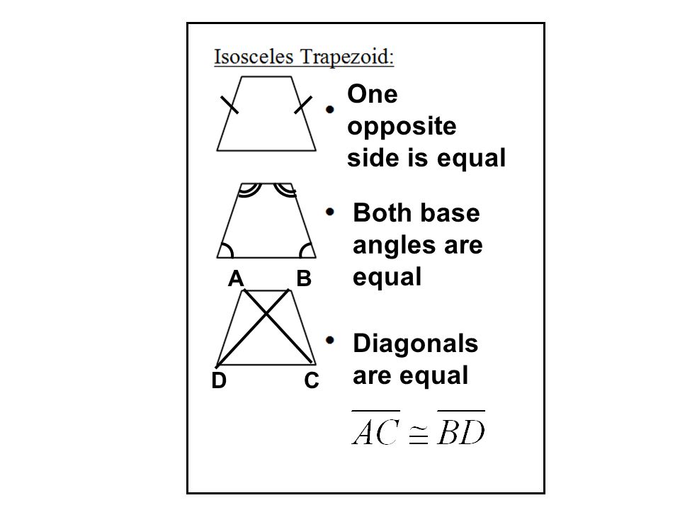 One opposite side is equal Both base angles are equal Diagonals are equal ABAB D C