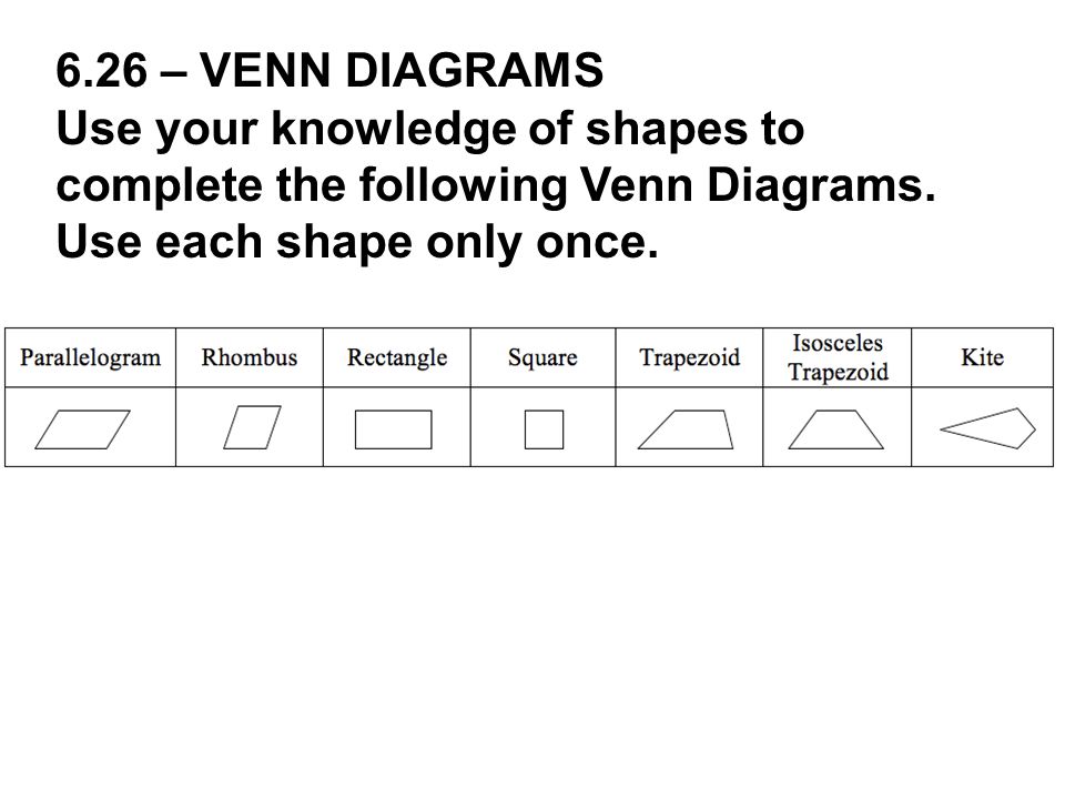 6.26 – VENN DIAGRAMS Use your knowledge of shapes to complete the following Venn Diagrams.
