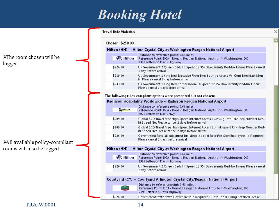 Booking Hotel 14  The room chosen will be logged.
