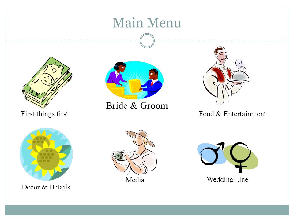 Main Menu First things first Bride & Groom Food & Entertainment Decor & Details Media Wedding Line