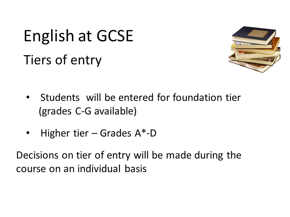 English at GCSE Tiers of entry Students will be entered for foundation tier (grades C-G available) Decisions on tier of entry will be made during the course on an individual basis Higher tier – Grades A*-D