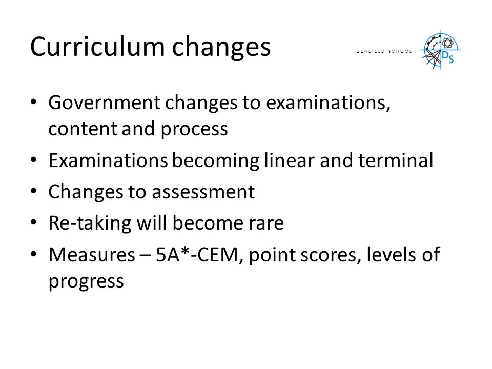 D E N E F E L D S C H O O L Curriculum changes Government changes to examinations, content and process Examinations becoming linear and terminal Changes to assessment Re-taking will become rare Measures – 5A*-CEM, point scores, levels of progress