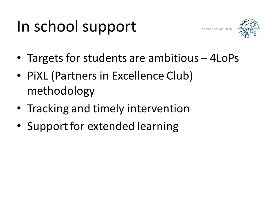 D E N E F E L D S C H O O L In school support Targets for students are ambitious – 4LoPs PiXL (Partners in Excellence Club) methodology Tracking and timely intervention Support for extended learning