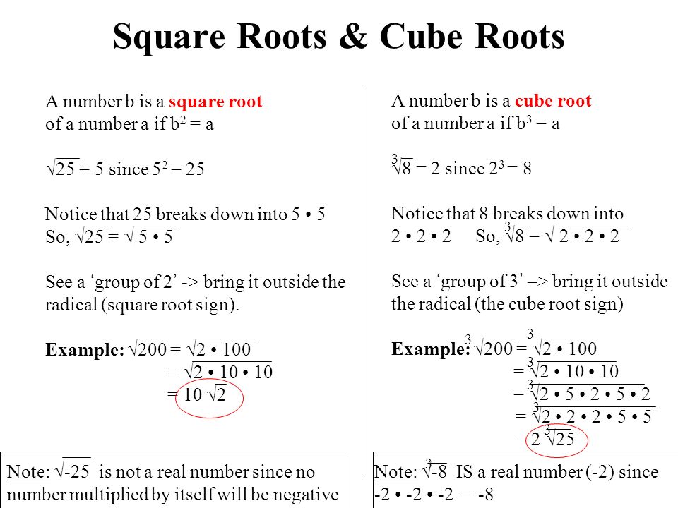 Square Roots & Cube Roots A number b is a square root of a number a if b 2 = a  25 = 5 since 5 2 = 25 Notice that 25 breaks down into 5 5 So,  25 =  5 5 See a ‘group of 2’ -> bring it outside the radical (square root sign).