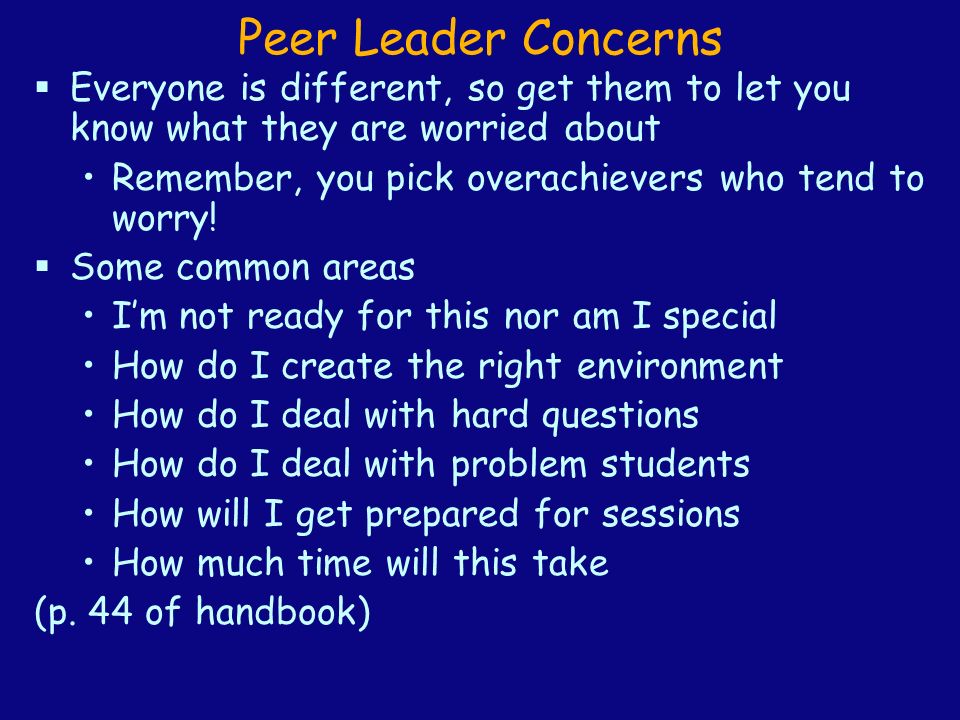 Peer Leader Concerns  Everyone is different, so get them to let you know what they are worried about Remember, you pick overachievers who tend to worry.