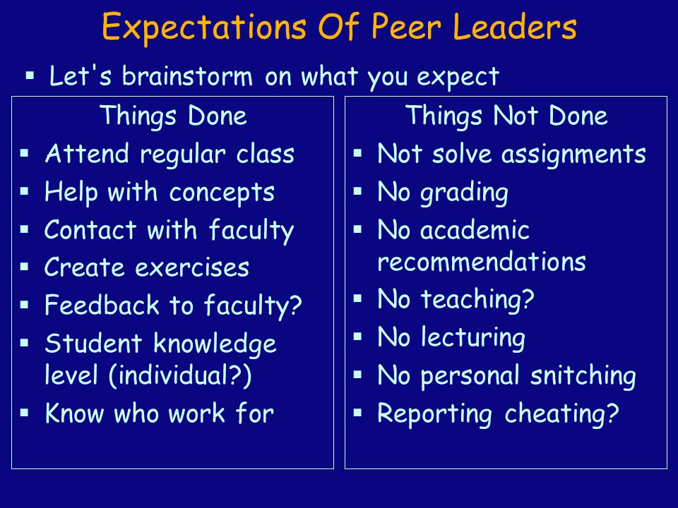 Expectations Of Peer Leaders  Let s brainstorm on what you expect Things Done  Attend regular class  Help with concepts  Contact with faculty  Create exercises  Feedback to faculty.
