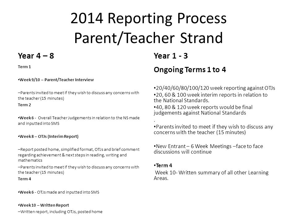 2014 Reporting Process Parent/Teacher Strand Year 4 – 8 Term 1 Week 9/10 – Parent/Teacher Interview  Parents invited to meet if they wish to discuss any concerns with the teacher (15 minutes) Term 2 Week 6 - Overall Teacher Judgements in relation to the NS made and inputted into SMS Week 8 – OTJs (Interim Report)  Report posted home, simplified format, OTJs and brief comment regarding achievement & next steps in reading, writing and mathematics  Parents invited to meet if they wish to discuss any concerns with the teacher (15 minutes) Term 4 Week 6 - OTJs made and inputted into SMS Week 10 – Written Report  Written report, including OTJs, posted home Year Ongoing Terms 1 to 4 20/40/60/80/100/120 week reporting against OTJs 20, 60 & 100 week interim reports in relation to the National Standards.