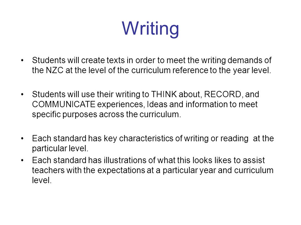 Writing Students will create texts in order to meet the writing demands of the NZC at the level of the curriculum reference to the year level.