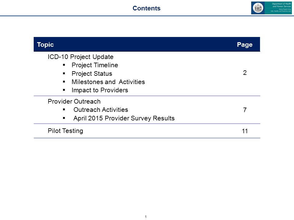 1 Contents TopicPage ICD-10 Project Update  Project Timeline  Project Status  Milestones and Activities  Impact to Providers 2 Provider Outreach  Outreach Activities  April 2015 Provider Survey Results 7 Pilot Testing 11