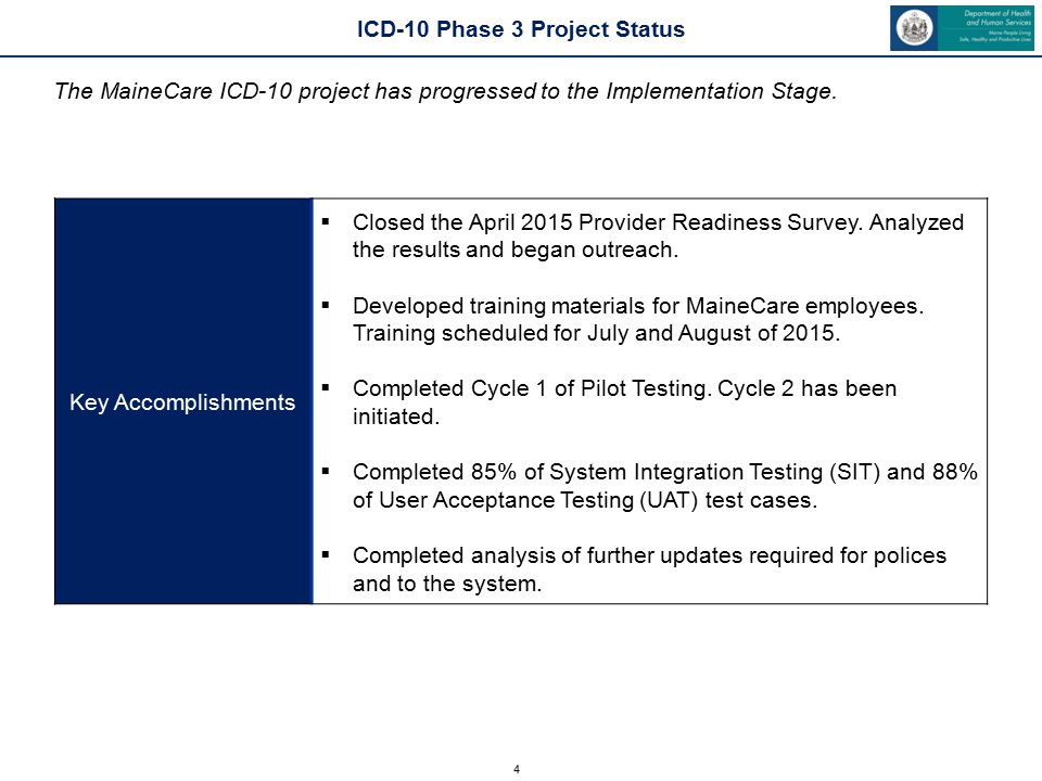 4 ICD-10 Phase 3 Project Status Key Accomplishments  Closed the April 2015 Provider Readiness Survey.