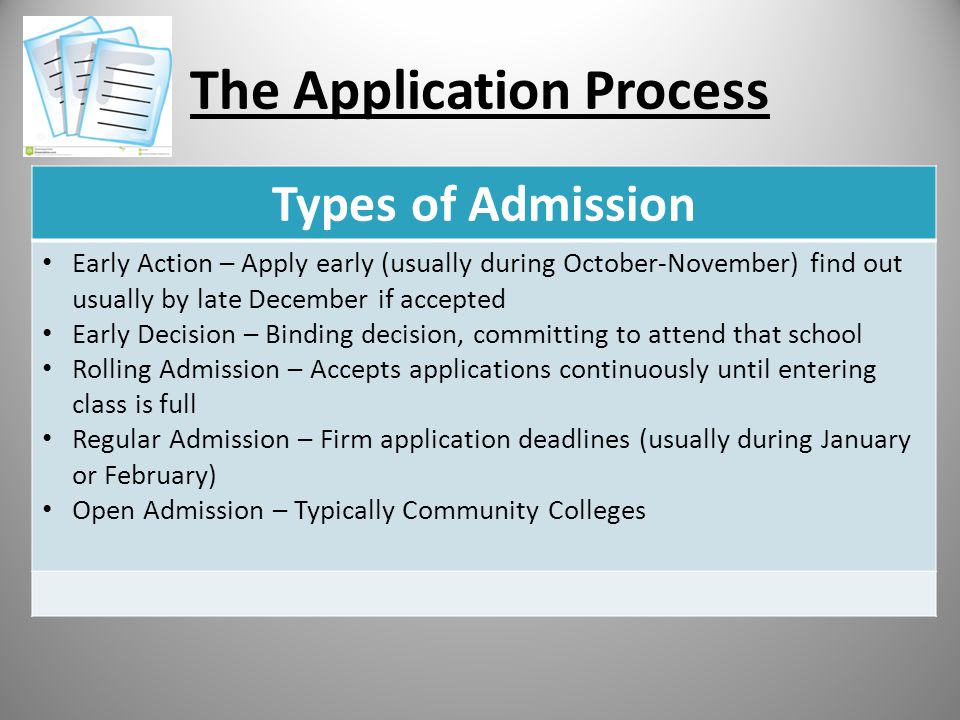 The Application Process Types of Admission Early Action – Apply early (usually during October-November) find out usually by late December if accepted Early Decision – Binding decision, committing to attend that school Rolling Admission – Accepts applications continuously until entering class is full Regular Admission – Firm application deadlines (usually during January or February) Open Admission – Typically Community Colleges