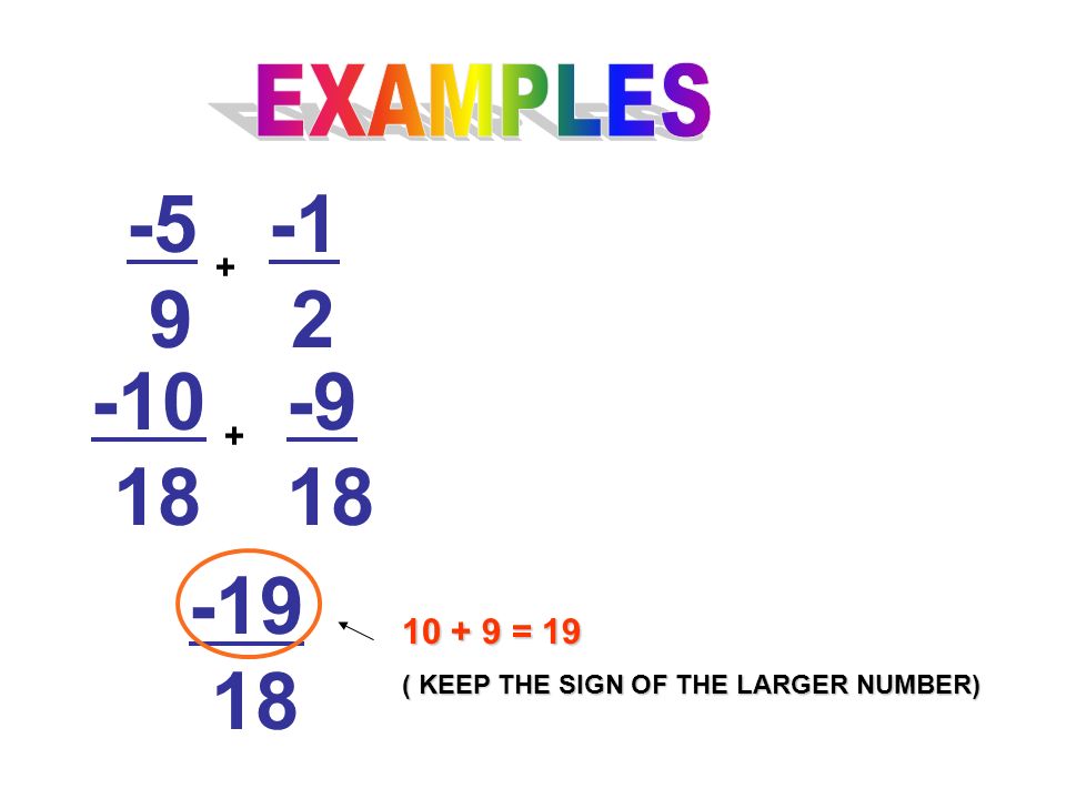 = 19 ( KEEP THE SIGN OF THE LARGER NUMBER)