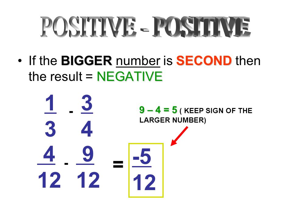 BIGGERSECOND NEGATIVEIf the BIGGER number is SECOND then the result = NEGATIVE = – 4 = 5 9 – 4 = 5 ( KEEP SIGN OF THE LARGER NUMBER)