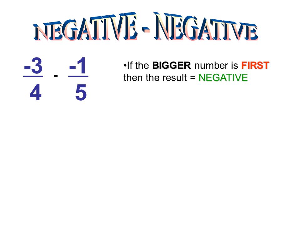 BIGGERFIRST NEGATIVEIf the BIGGER number is FIRST then the result = NEGATIVE