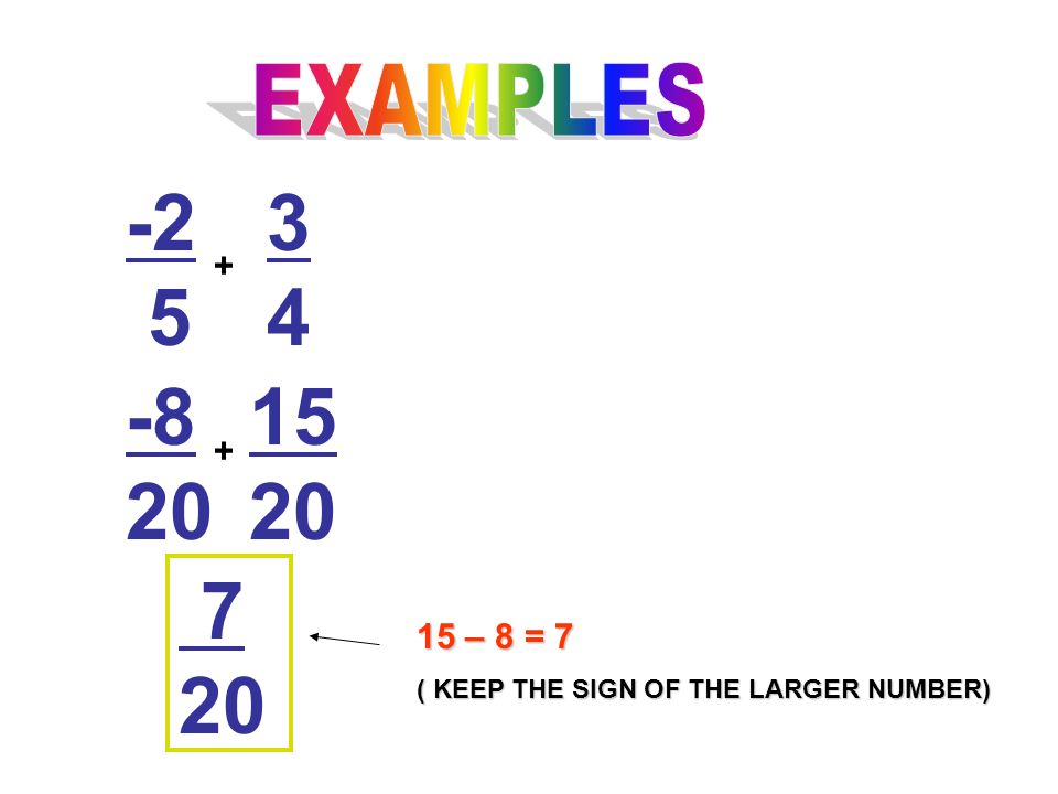 – 8 = 7 ( KEEP THE SIGN OF THE LARGER NUMBER)