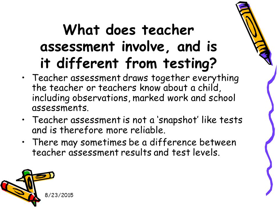 8/23/2015 What does teacher assessment involve, and is it different from testing.