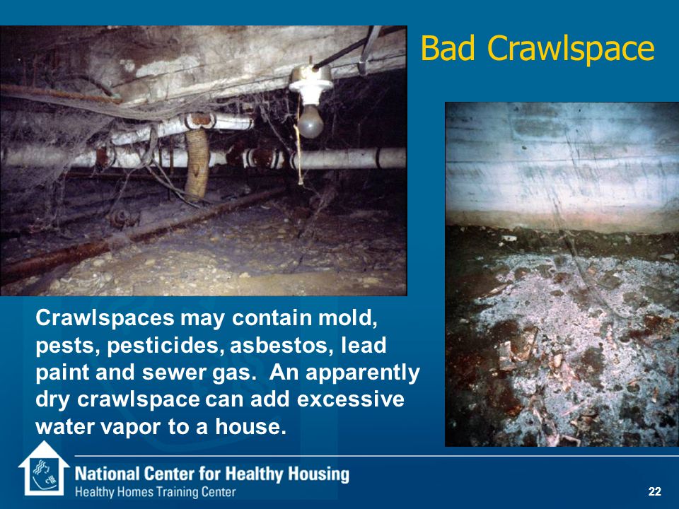 22 Crawlspaces may contain mold, pests, pesticides, asbestos, lead paint and sewer gas.