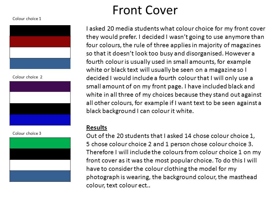 Front Cover I asked 20 media students what colour choice for my front cover they would prefer.
