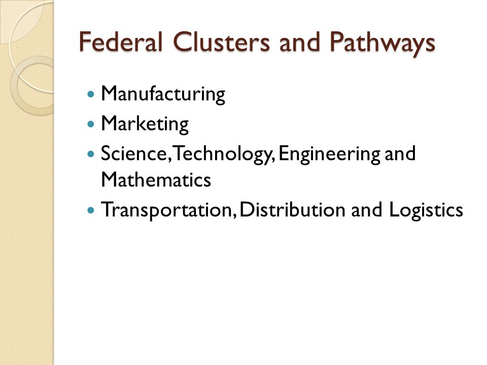 Federal Clusters and Pathways Manufacturing Marketing Science, Technology, Engineering and Mathematics Transportation, Distribution and Logistics
