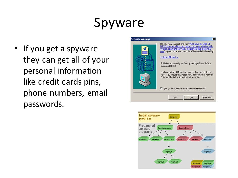 Spyware If you get a spyware they can get all of your personal information like credit cards pins, phone numbers,  passwords.
