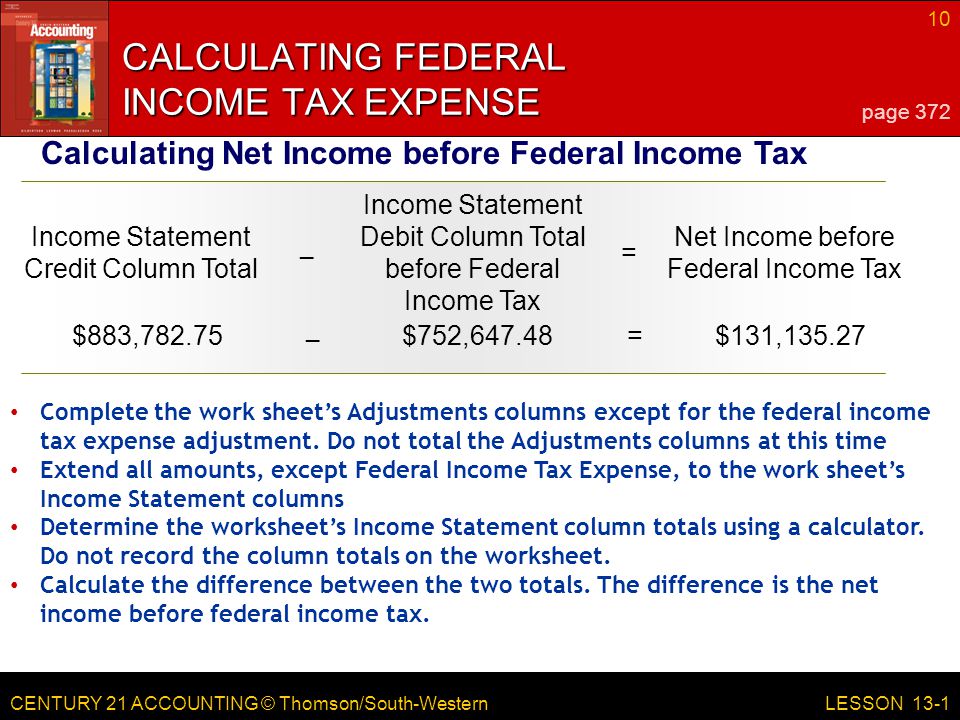 CENTURY 21 ACCOUNTING © Thomson/South-Western 10 LESSON 13-1 CALCULATING FEDERAL INCOME TAX EXPENSE page 372 Calculating Net Income before Federal Income Tax Income Statement Credit Column Total Income Statement Debit Column Total before Federal Income Tax = Net Income before Federal Income Tax – $883,782.75$752,647.48=$131, – Complete the work sheet’s Adjustments columns except for the federal income tax expense adjustment.