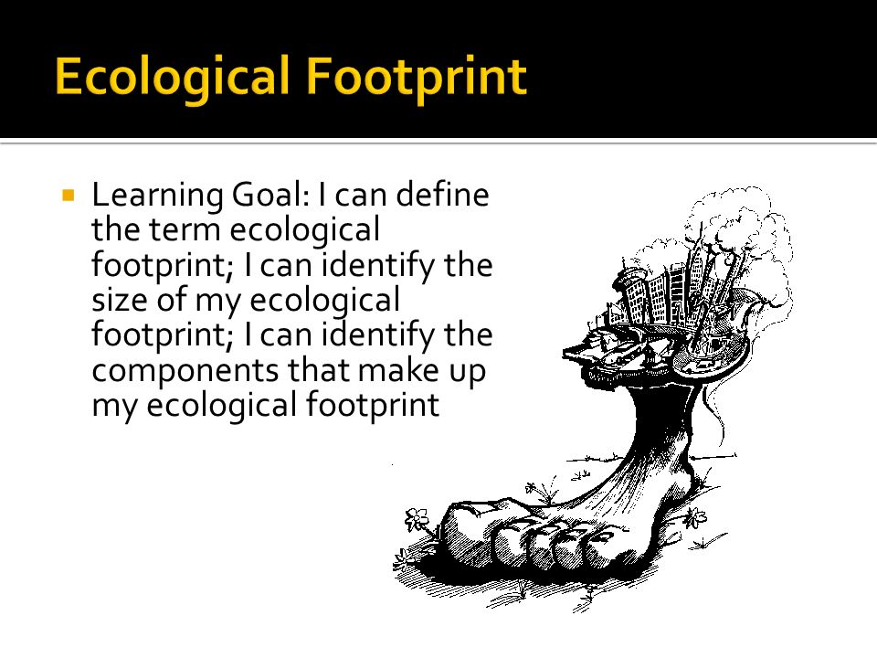  Learning Goal: I can define the term ecological footprint; I can identify the size of my ecological footprint; I can identify the components that make up my ecological footprint