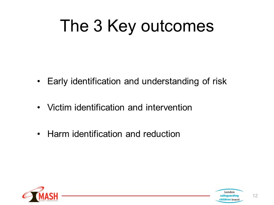 The 3 Key outcomes Early identification and understanding of risk Victim identification and intervention Harm identification and reduction 12