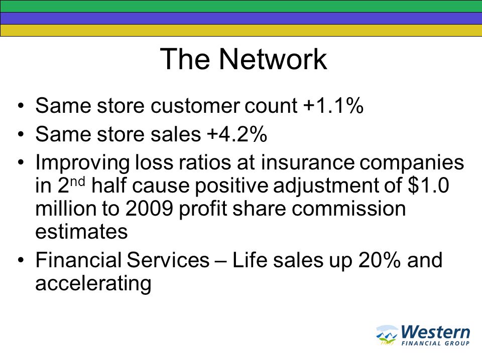 The Network Same store customer count +1.1% Same store sales +4.2% Improving loss ratios at insurance companies in 2 nd half cause positive adjustment of $1.0 million to 2009 profit share commission estimates Financial Services – Life sales up 20% and accelerating