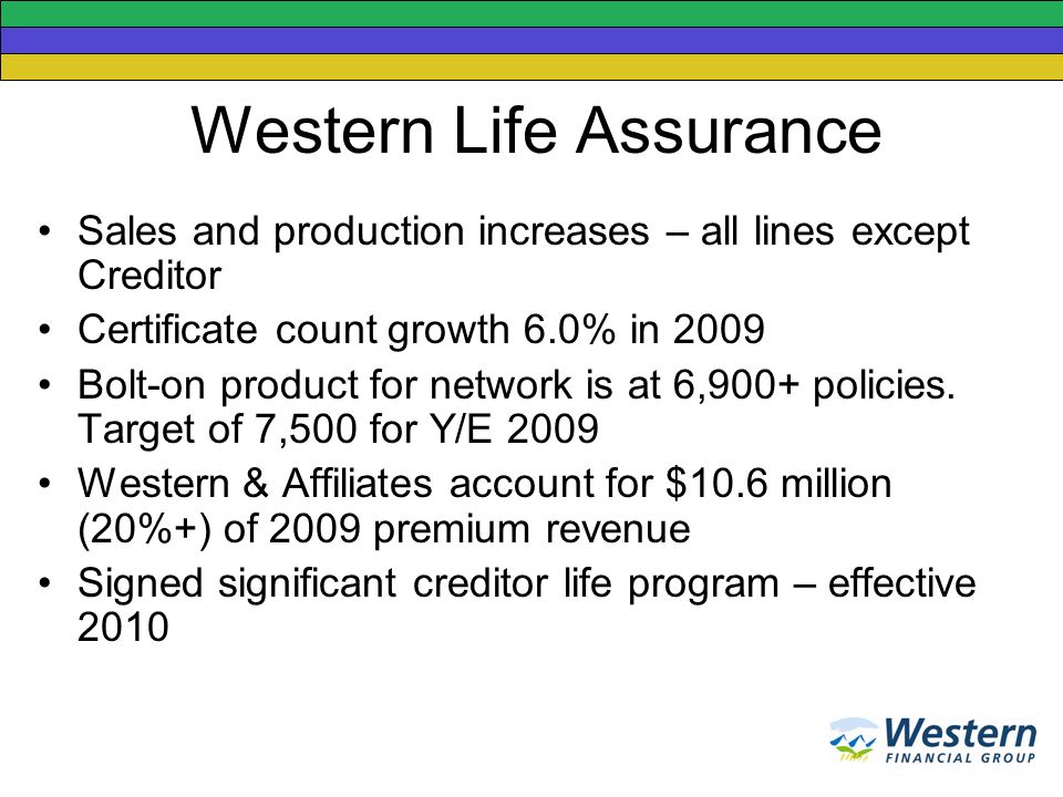 Western Life Assurance Sales and production increases – all lines except Creditor Certificate count growth 6.0% in 2009 Bolt-on product for network is at 6,900+ policies.