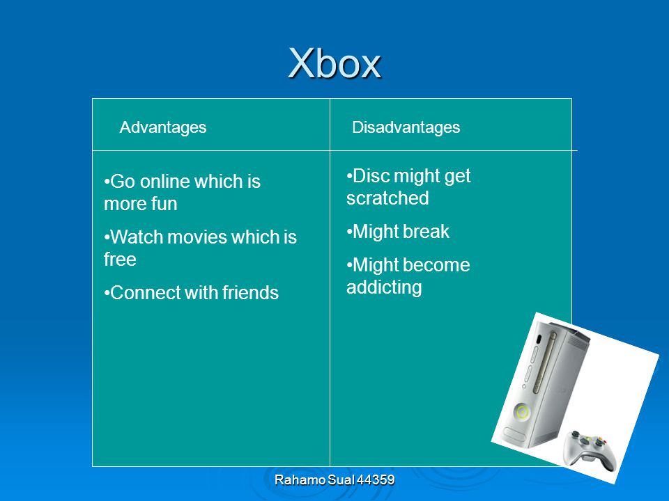 Rahamo Sual Xbox AdvantagesDisadvantages Go online which is more fun Watch movies which is free Connect with friends Disc might get scratched Might break Might become addicting