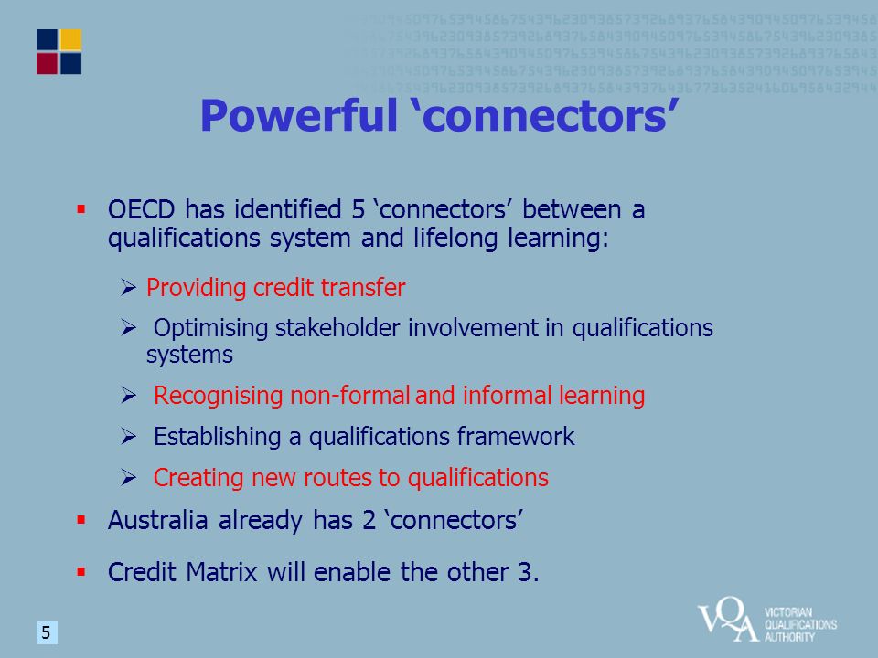 5 Powerful ‘connectors’  OECD has identified 5 ‘connectors’ between a qualifications system and lifelong learning:  Providing credit transfer  Optimising stakeholder involvement in qualifications systems  Recognising non-formal and informal learning  Establishing a qualifications framework  Creating new routes to qualifications  Australia already has 2 ‘connectors’  Credit Matrix will enable the other 3.