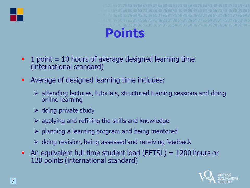 7 Points  1 point = 10 hours of average designed learning time (international standard)  Average of designed learning time includes:  attending lectures, tutorials, structured training sessions and doing online learning  doing private study  applying and refining the skills and knowledge  planning a learning program and being mentored  doing revision, being assessed and receiving feedback  An equivalent full-time student load (EFTSL) = 1200 hours or 120 points (international standard)