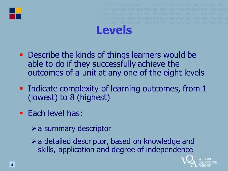 8 Levels  Describe the kinds of things learners would be able to do if they successfully achieve the outcomes of a unit at any one of the eight levels  Indicate complexity of learning outcomes, from 1 (lowest) to 8 (highest)  Each level has:  a summary descriptor  a detailed descriptor, based on knowledge and skills, application and degree of independence