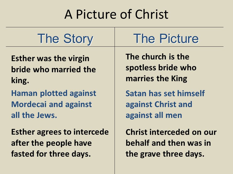 A Picture of Christ Esther was the virgin bride who married the king.