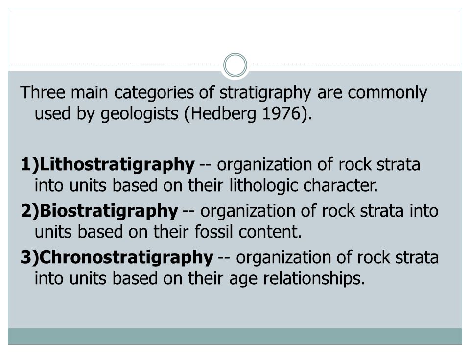 Three main categories of stratigraphy are commonly used by geologists (Hedberg 1976).