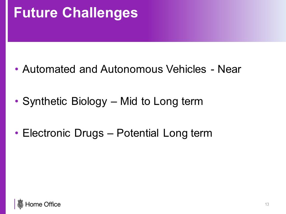 Future Challenges Automated and Autonomous Vehicles - Near Synthetic Biology – Mid to Long term Electronic Drugs – Potential Long term 13