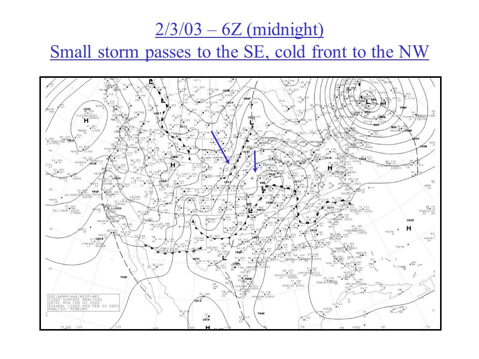 2/3/03 – 6Z (midnight) Small storm passes to the SE, cold front to the NW +