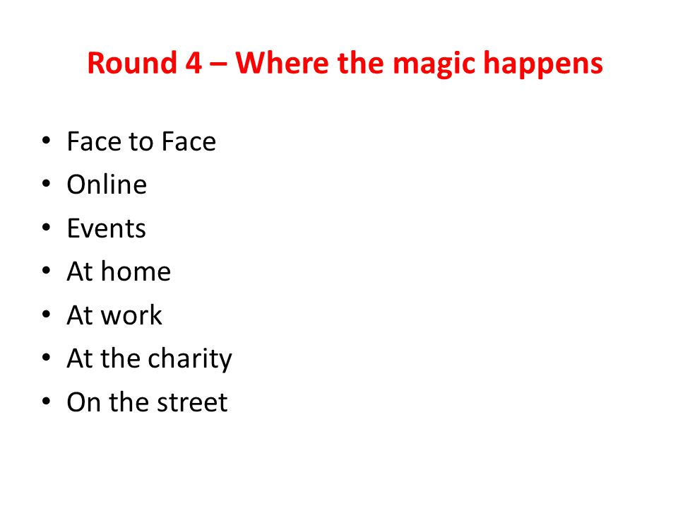 Round 4 – Where the magic happens Face to Face Online Events At home At work At the charity On the street