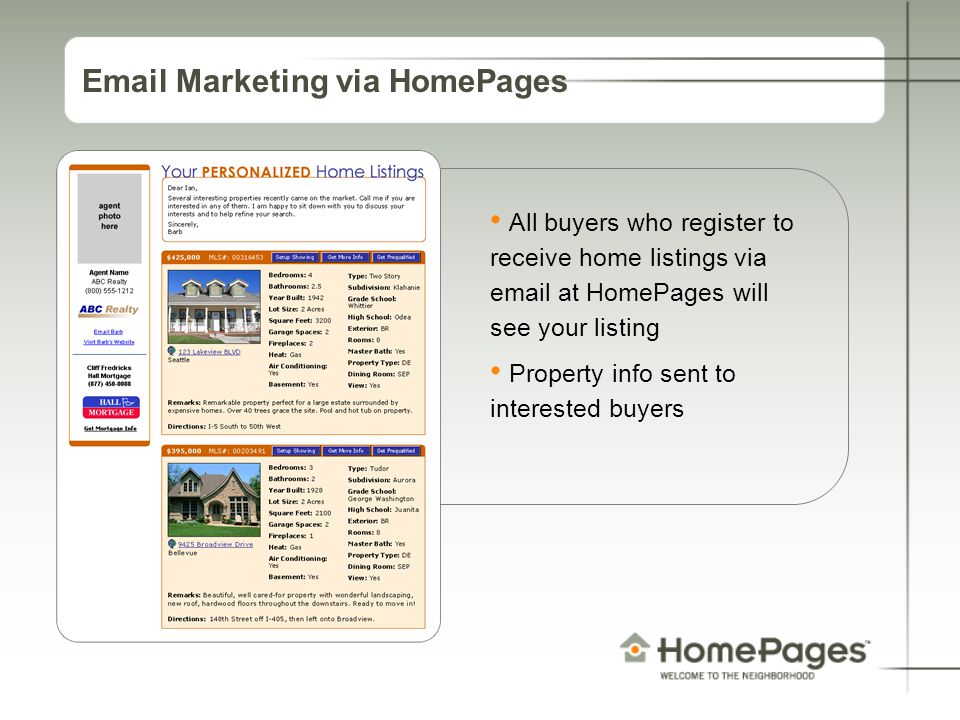 Marketing via HomePages All buyers who register to receive home listings via  at HomePages will see your listing Property info sent to interested buyers