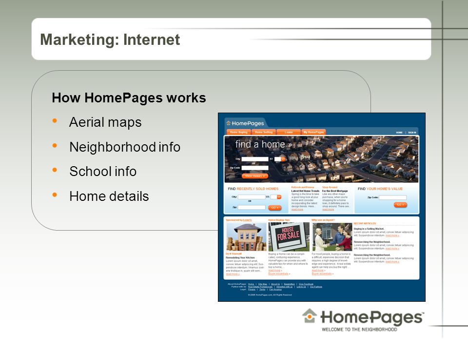 Marketing: Internet How HomePages works Aerial maps Neighborhood info School info Home details
