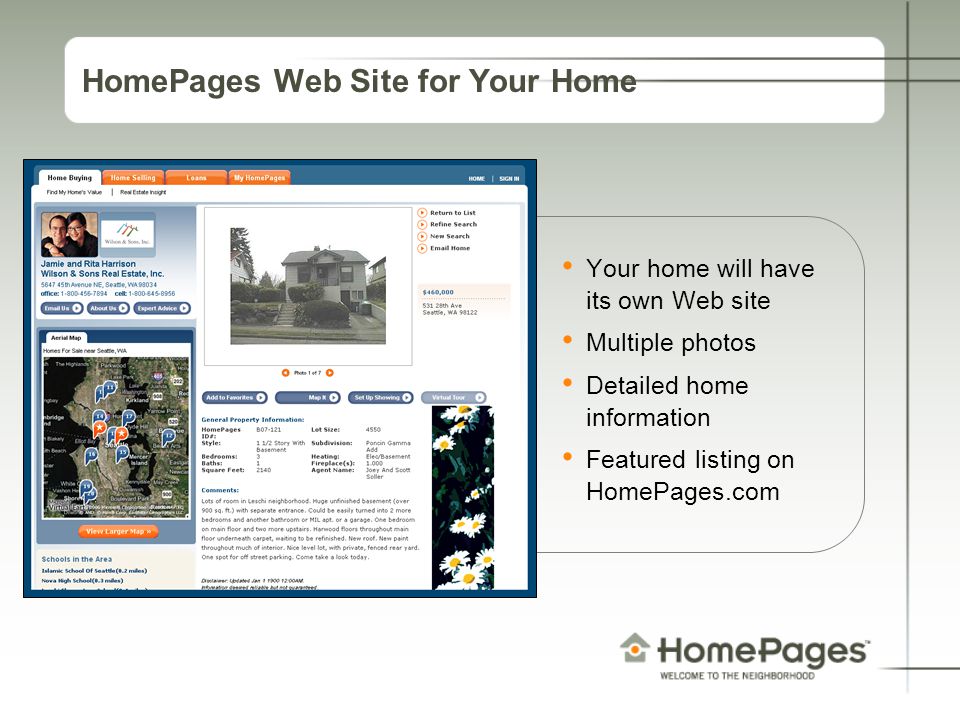 HomePages Web Site for Your Home Your home will have its own Web site Multiple photos Detailed home information Featured listing on HomePages.com
