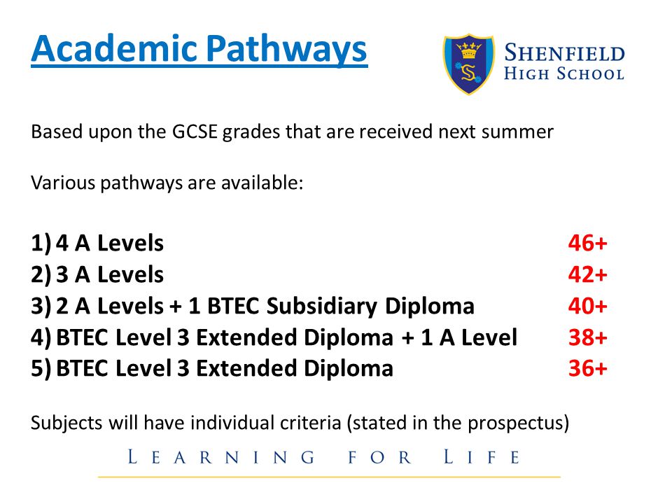 Academic Pathways Based upon the GCSE grades that are received next summer Various pathways are available: 1)4 A Levels46+ 2)3 A Levels42+ 3)2 A Levels + 1 BTEC Subsidiary Diploma40+ 4)BTEC Level 3 Extended Diploma + 1 A Level38+ 5)BTEC Level 3 Extended Diploma36+ Subjects will have individual criteria (stated in the prospectus)