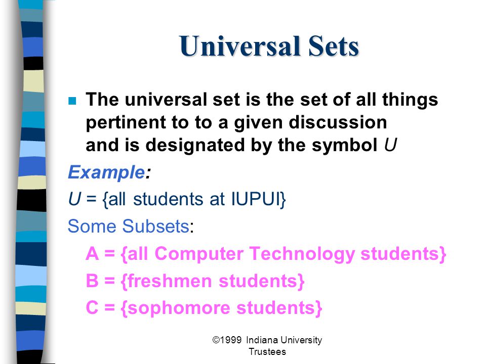 1999 Indiana University Trustees Basic Set Theory Definitions A set is a  collection of objects or elements An element is an object that make up a set.  - ppt download